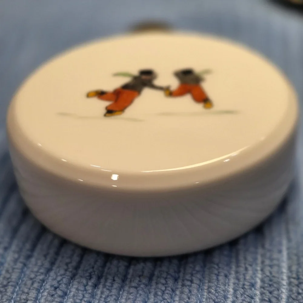 Vintage Dutch Scene Porcelain Disc Ornament Hand Painted Ceramic Ice Skating